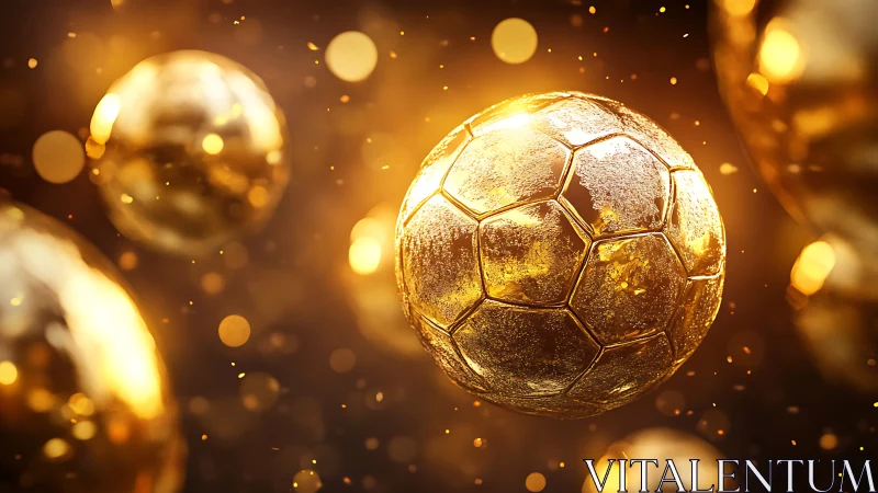 Golden football orbits in molten light and glittering sparks.