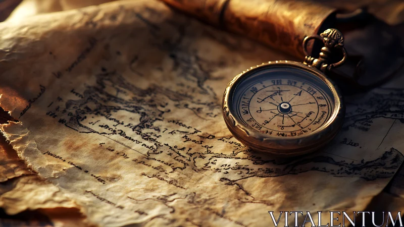 Antique brass compass crowns a sunlit, timeworn treasure map.