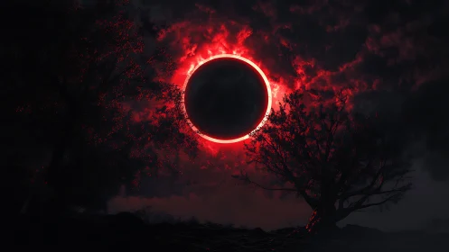 Blood-red solar eclipse crowns a dark, haunted landscape.