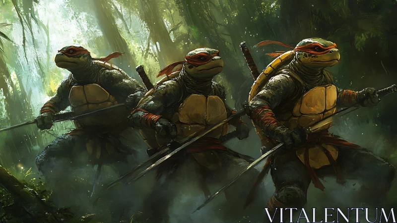 Fearless turtle warriors charge forward through misty jungle