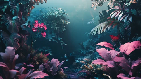 Lush digital jungle scene shows teal foliage and pink leaves