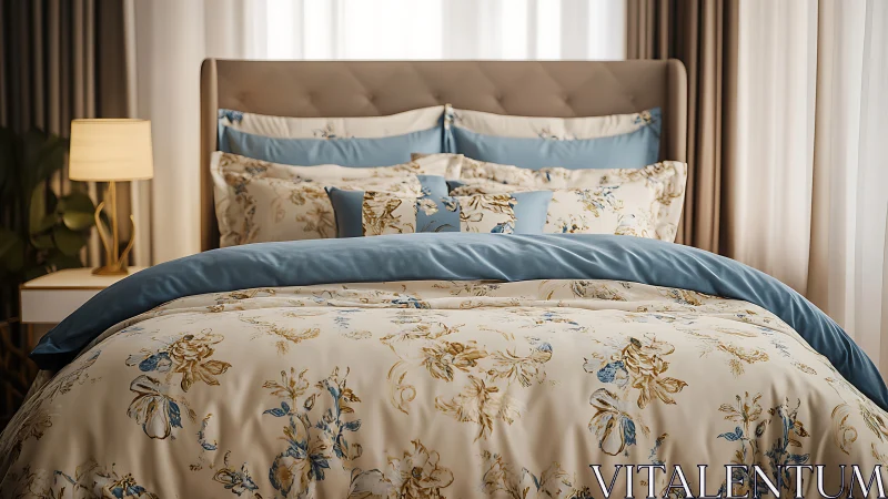 Floral duvet set elevates modern bedroom with soft blue accents