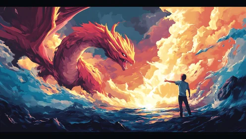 Fiery sea dragon confronts lone figure at blazing horizon.
