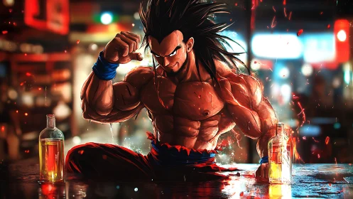 Streetlit warrior cools his rage with neon and bottled fire