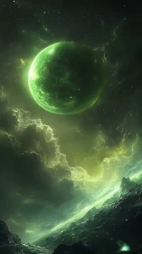 Emerald planet rises above storm-wreathed alien horizon.