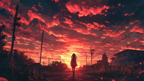 Sunset-soaked streets cradle a lone girl walking toward firelight