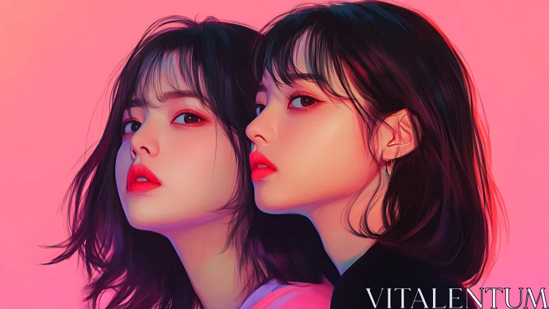 Dual portrait of mirrored women in neon gradient glow.