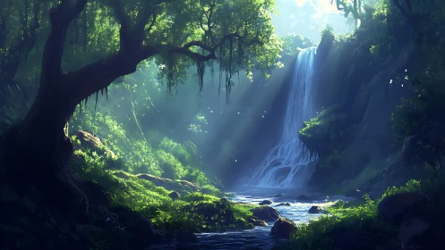 Enchanted Forest Waterfall in Lush Green Canyon