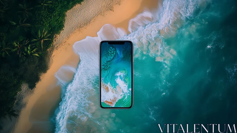 Smartphone floating above aerial tropical shoreline fantasy.