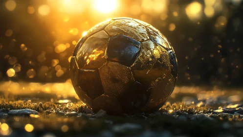Golden soccer ball glows on wet grass in dramatic sunset light