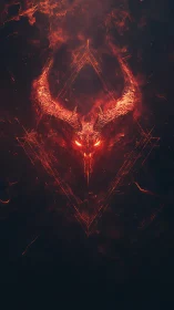 Infernal horned skull sigil in burning geometric frame, frontal