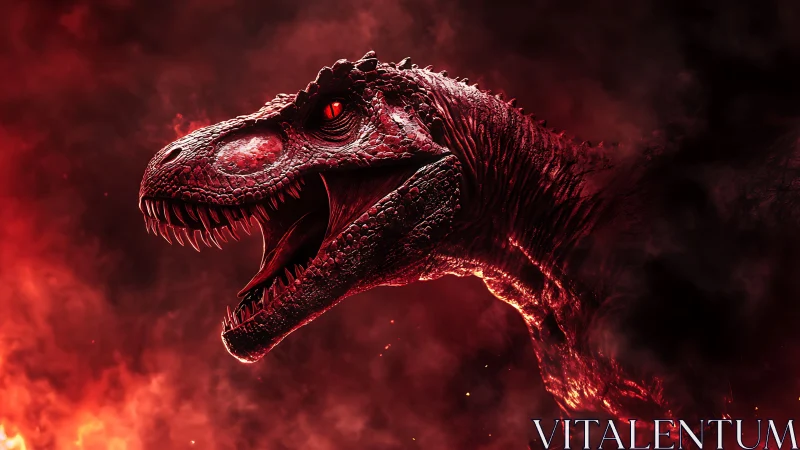 Theropod dinosaur profile in red-illuminated smoky setting.