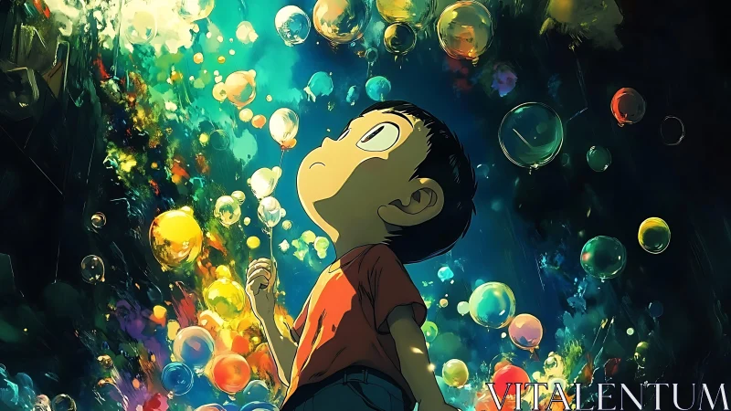 Child observing floating bubbles in luminous abstract space.