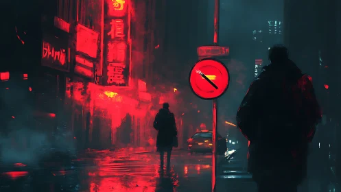 Noir city street with red neon and no smoking sign.