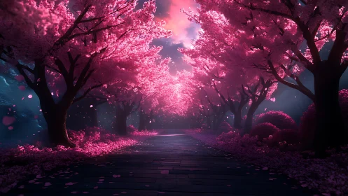 Luminescent cherry blossom avenue under ethereal dusk light