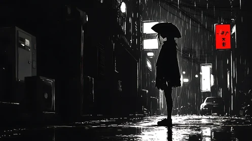 Silhouetted figure waits alone in a neon lit rainy alley