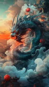 Mythic azure dragon coils through stormlit temple clouds