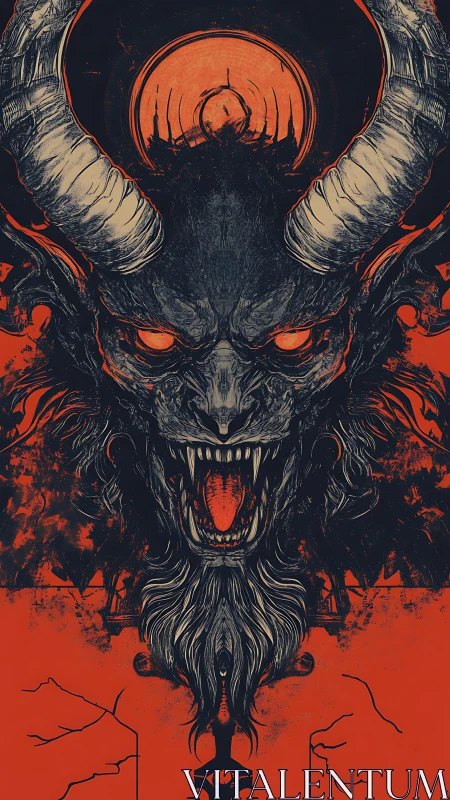 Demonic horned skull roars under eclipsed blood moon.