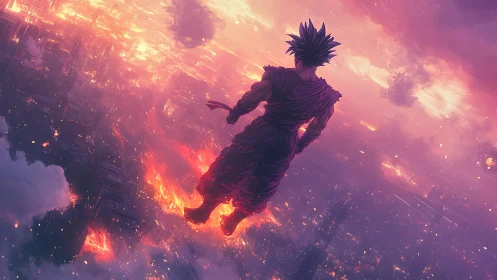 Skyborne warrior over neon inferno, dusk-lit resolve.