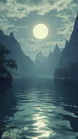 Lunar-lit alpine fjord with rippling water and jagged peaks
