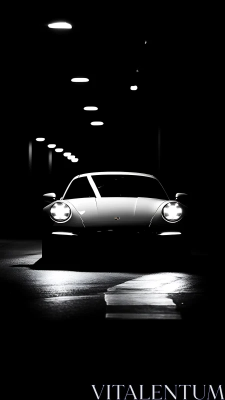 Sports car front view in dark tunnel under spotlights.