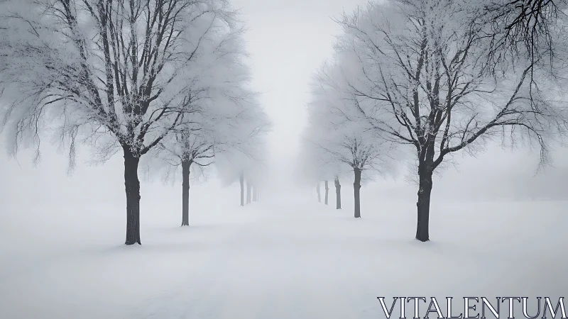 Snow covered trees line foggy winter avenue in soft symmetry