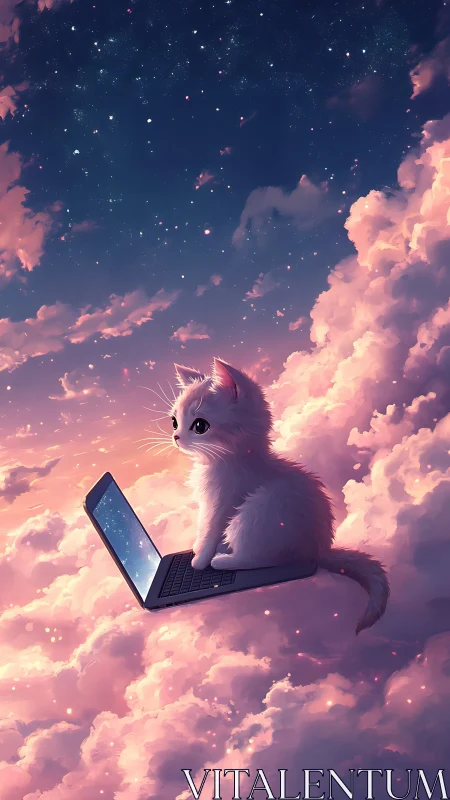 White Cat Surfing Internet Clouds in Dreamy Celestial Atmosphere