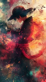 Straw hat warrior stands in swirling fire and smoke