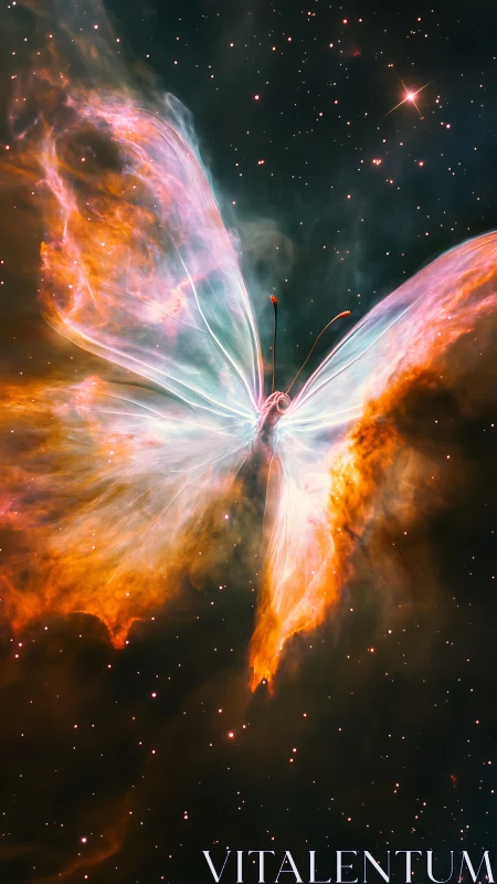 Nebular butterfly silhouette in luminous cosmic dust field.