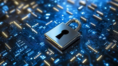 Cybersecurity lock icon over glowing blue circuit board.