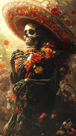 Skeleton in floral sombrero embodies ornate D&iacute;a de Muertos aesthetic