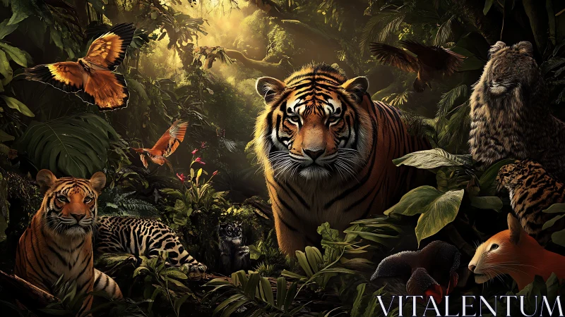 Regal tiger stands guard amid glowing jungle wildlife