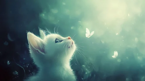 Moonlit kitten trades secrets with wandering pale butterflies