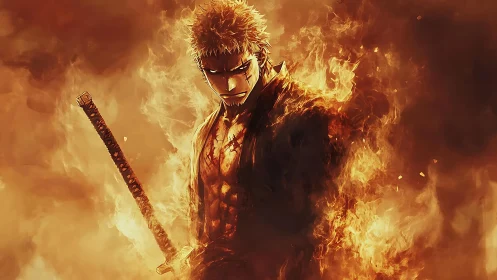 Sword-bearing anime figure enveloped in dense orange flames.