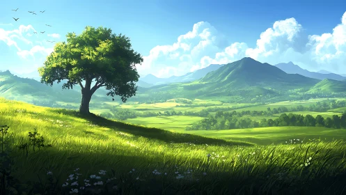 Sunlit solitary tree anchors panoramic valley environment