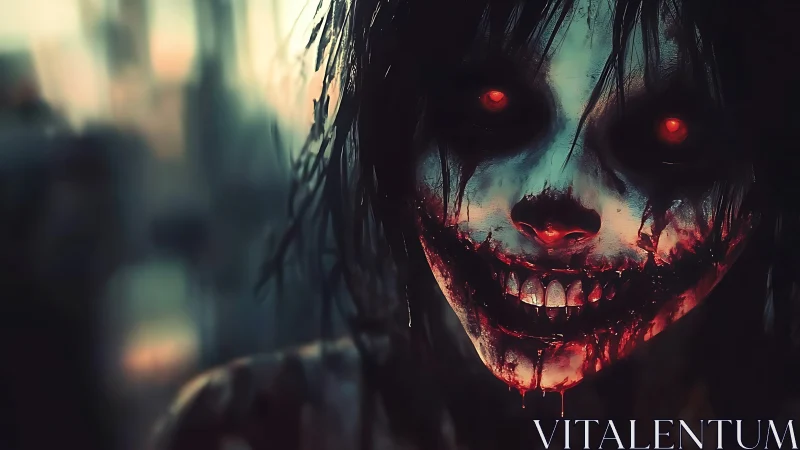Horror portrait depicts blood-smeared skull clown with red eyes