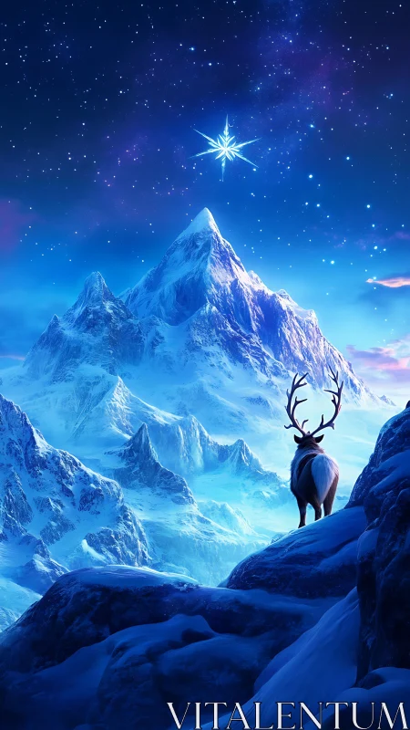 Stag observing luminous star above glacial mountain range