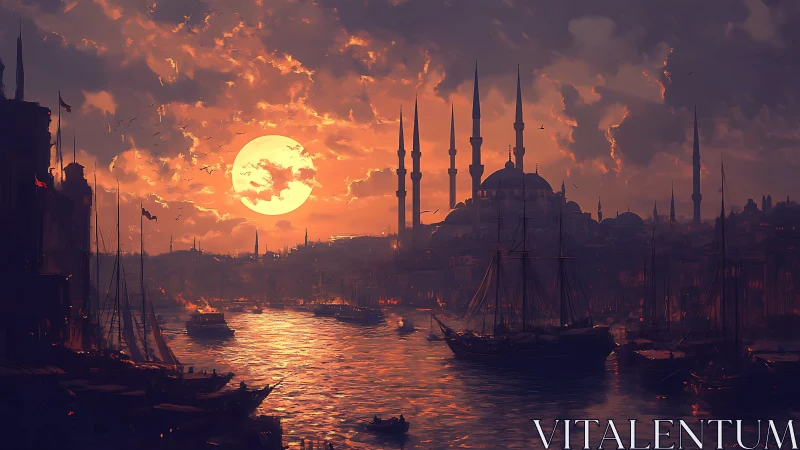 Sunset sails and glowing minarets over a storied harbor.