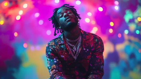 Photorealistic neon portrait under vibrant bokeh canopy.