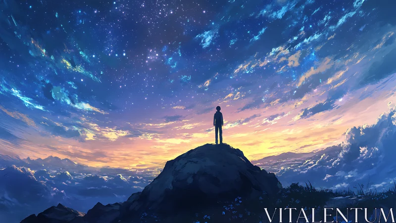 Silhouette on a summit studies a luminous twilight starfield