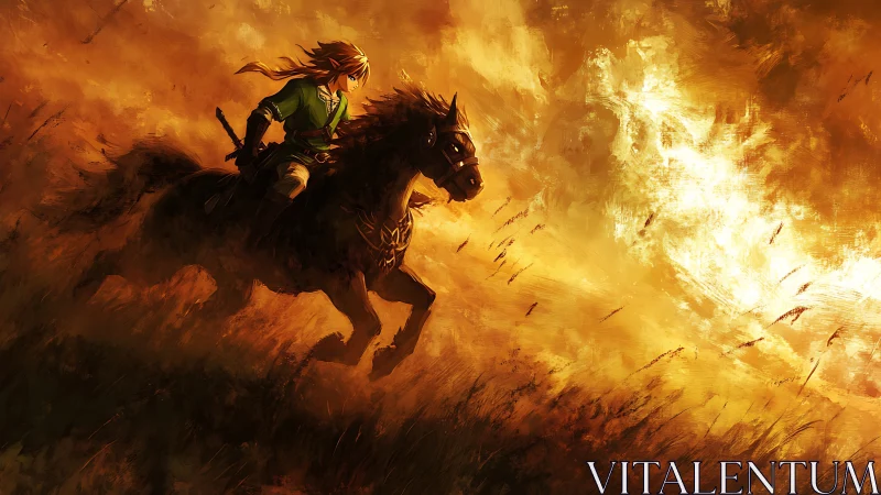 Mounted archer rides dark horse through intense orange flames.