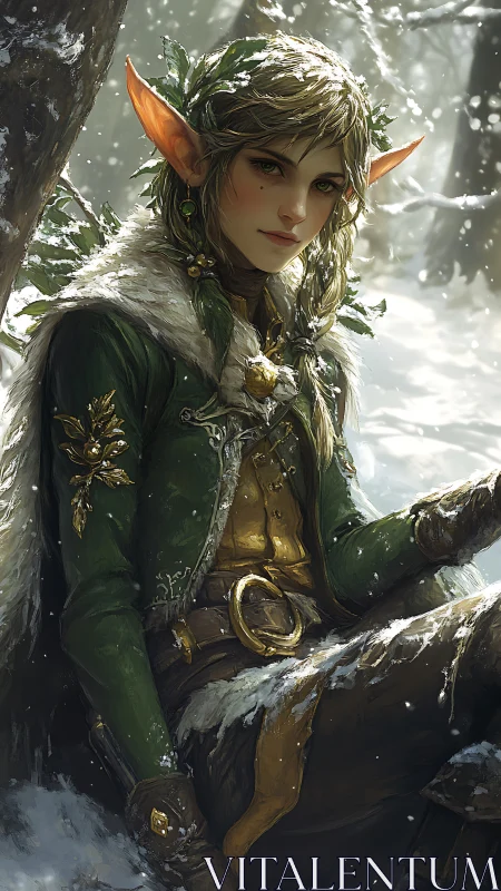Winter elf ranger rests in a quiet, snow-dusted forest glade