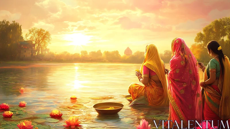 Women offer river prayers under golden sunrise sky.