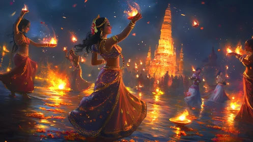 Dancers carry temple flames across reflective festival water