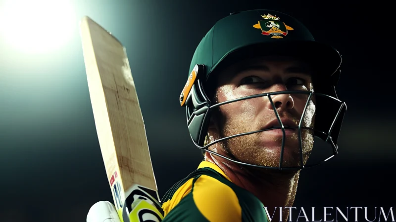 Cricketer under floodlights with bat and helmet in focus.
