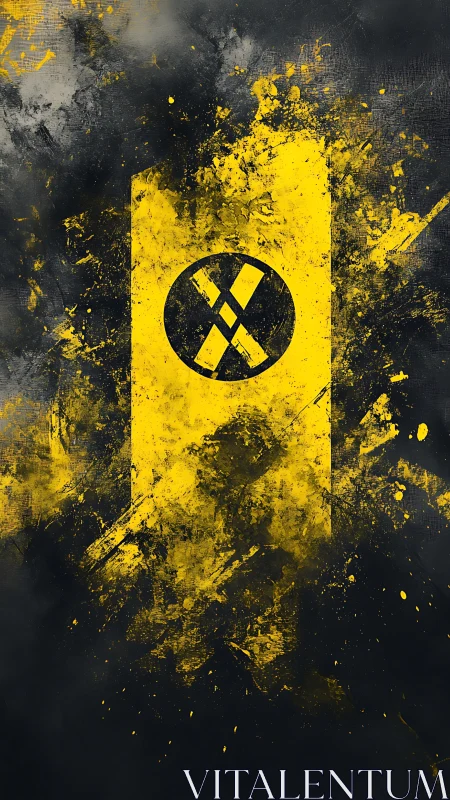 Grungy yellow emblem exploding over dark textured void.