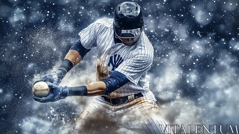 Baseball batter drives impact amid dynamic dust particles.