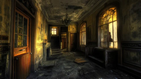 Decaying manor corridor glowing with eerie sunset light.