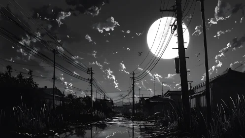 Moonlit suburban street with power lines and wet roadway.