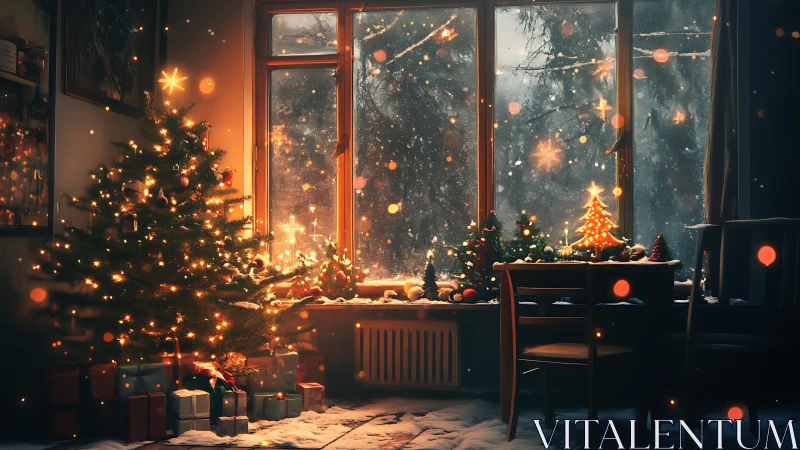Cozy winter room glowing with Christmas tree magic inside.